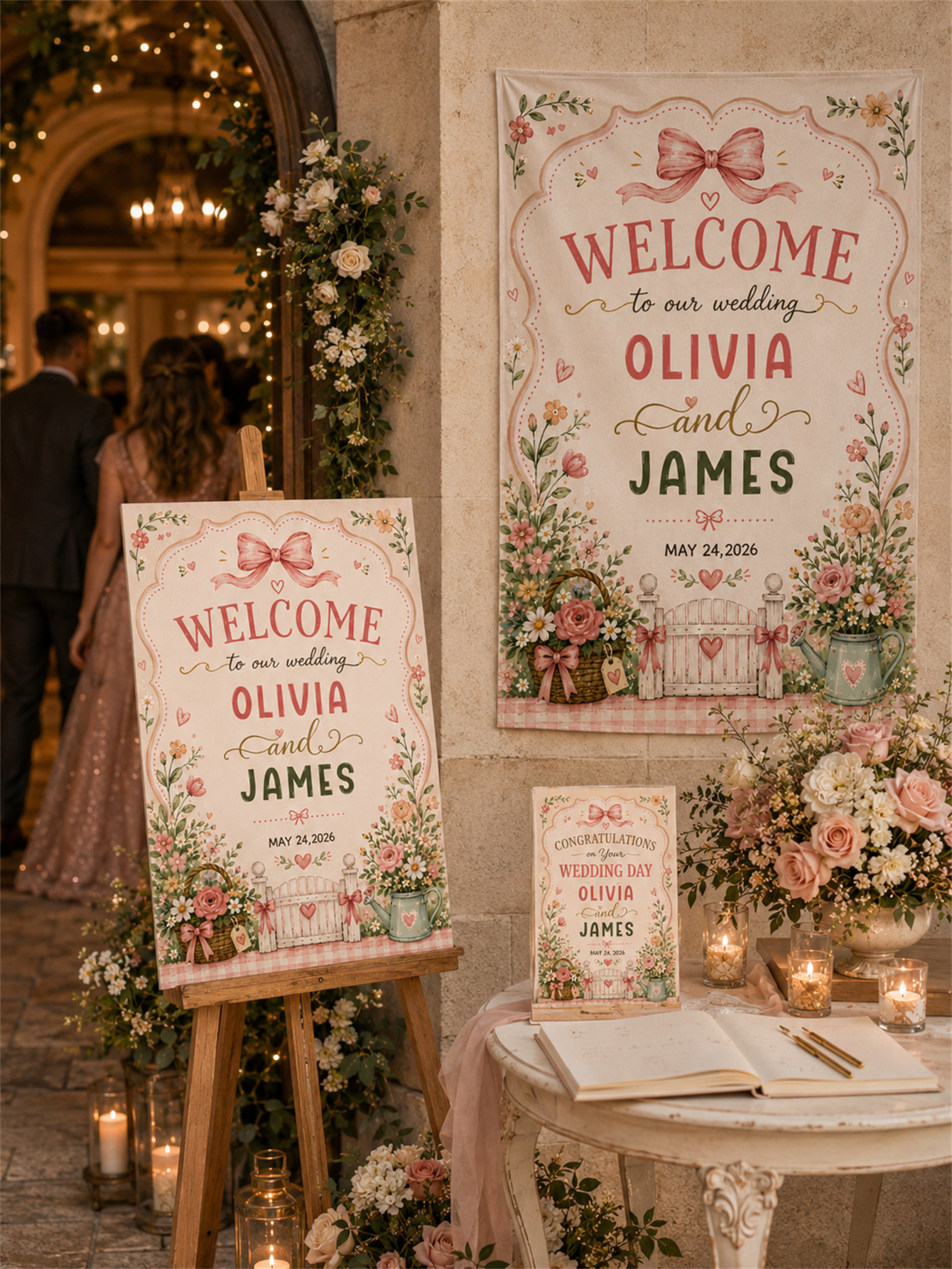 Romantic Garden Country Chic Theme - Watercolor Garden with bow Design - Custom name and date